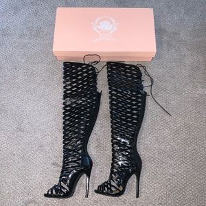 Wild Rose Black Cage Thigh High Heels